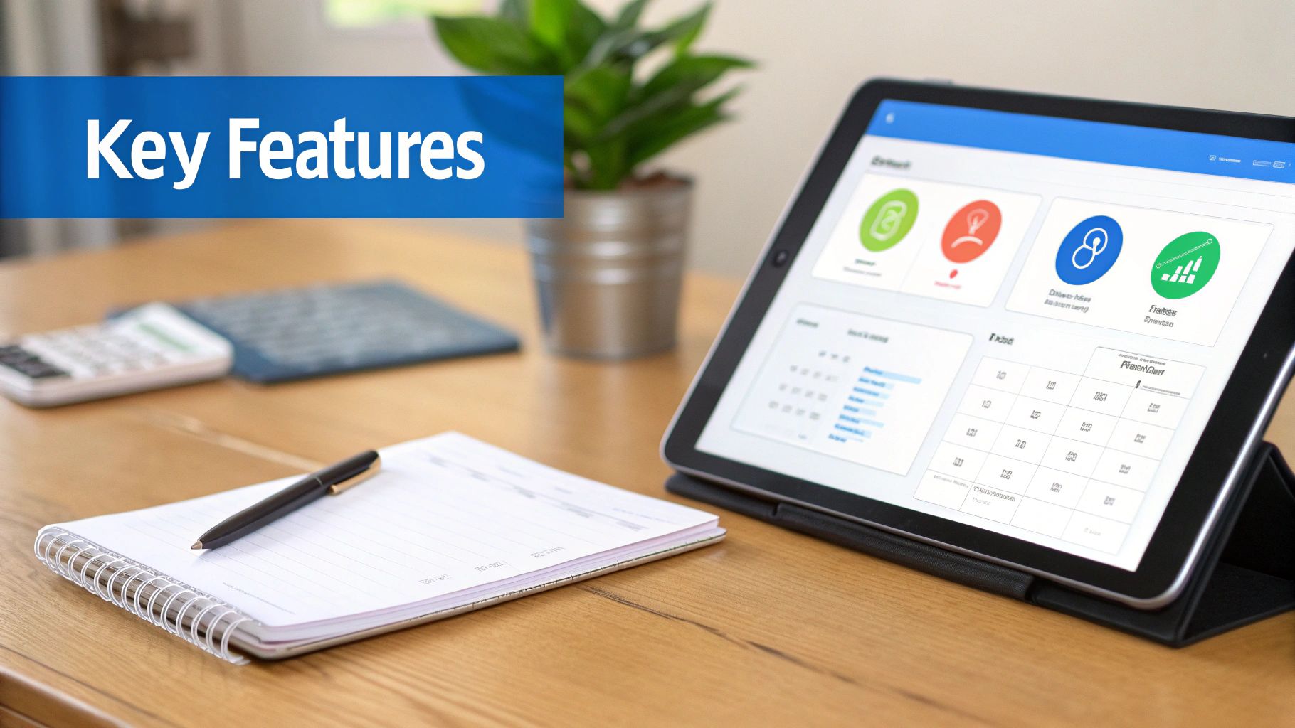 A tablet displaying accounting software with key features, a notebook, pen, and calculator on a wooden desk.