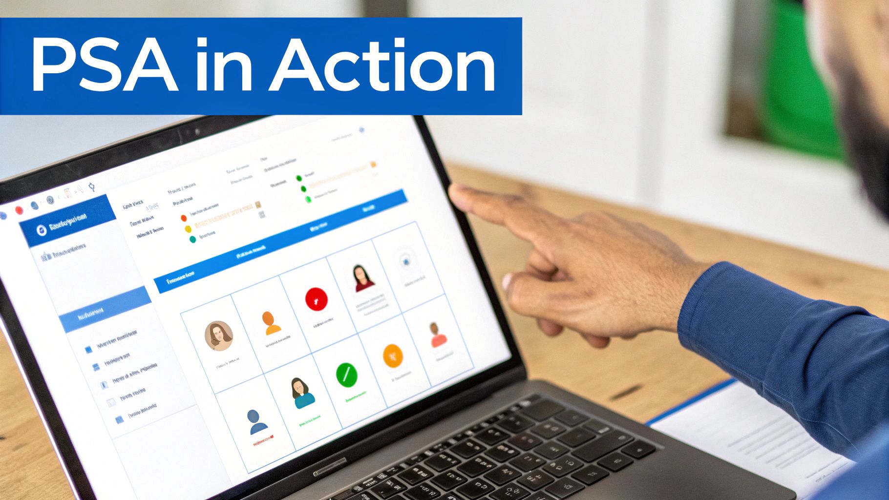 Professional using PSA software dashboard on laptop displaying project team resources and workflow management