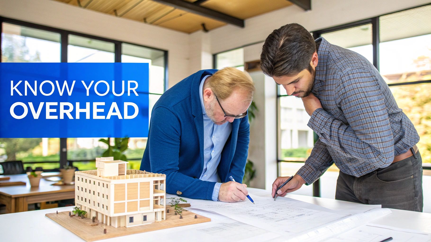Two male professionals review building blueprints and a building model on a table, with 'Know Your Overhead' text.
