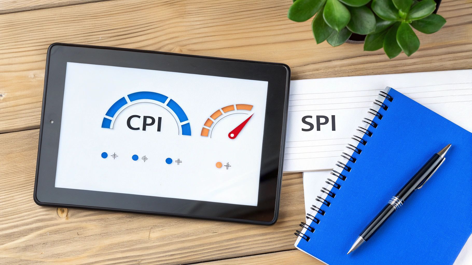 A tablet displays CPI gauges, next to a notebook with SPI, indicating project performance metrics.
