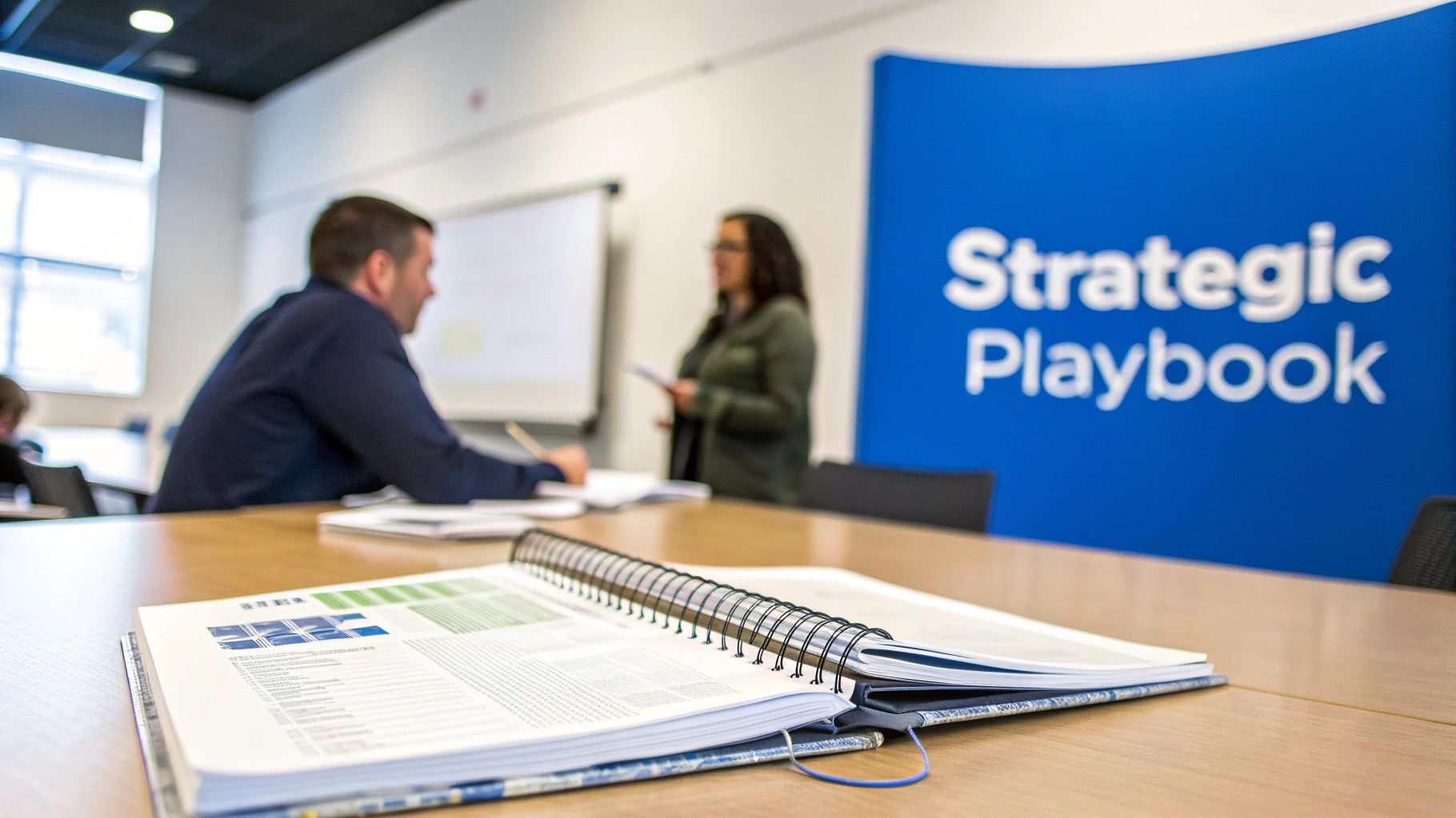 A team collaborating around a table with laptops and documents, planning a project.