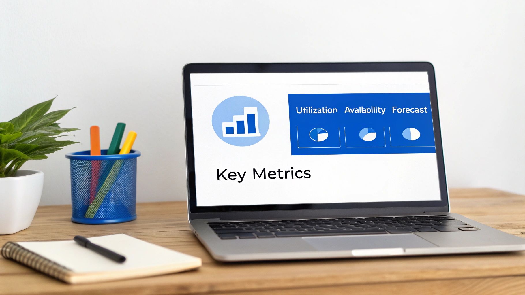 A laptop displays 'Key Metrics' and various data charts on a wooden desk with a plant and pens.