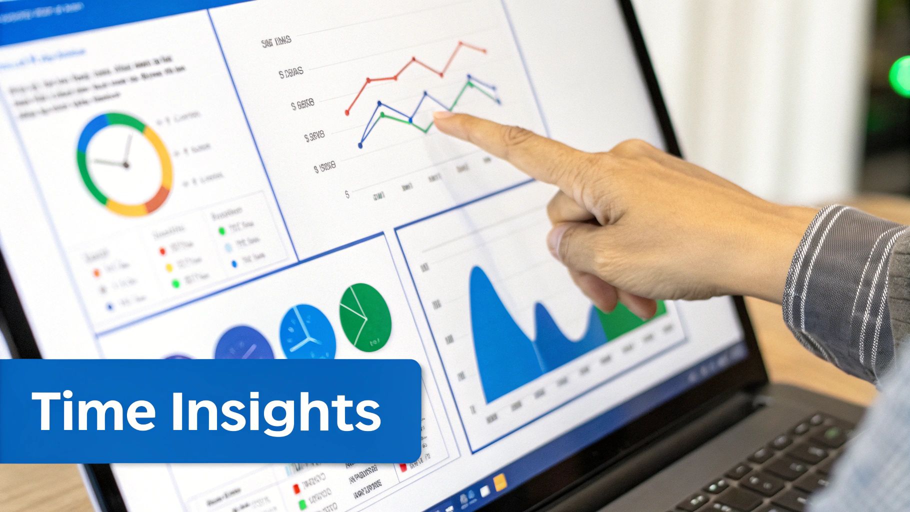 A person at a desk analyzing charts and graphs on a computer screen, representing business intelligence from time data.