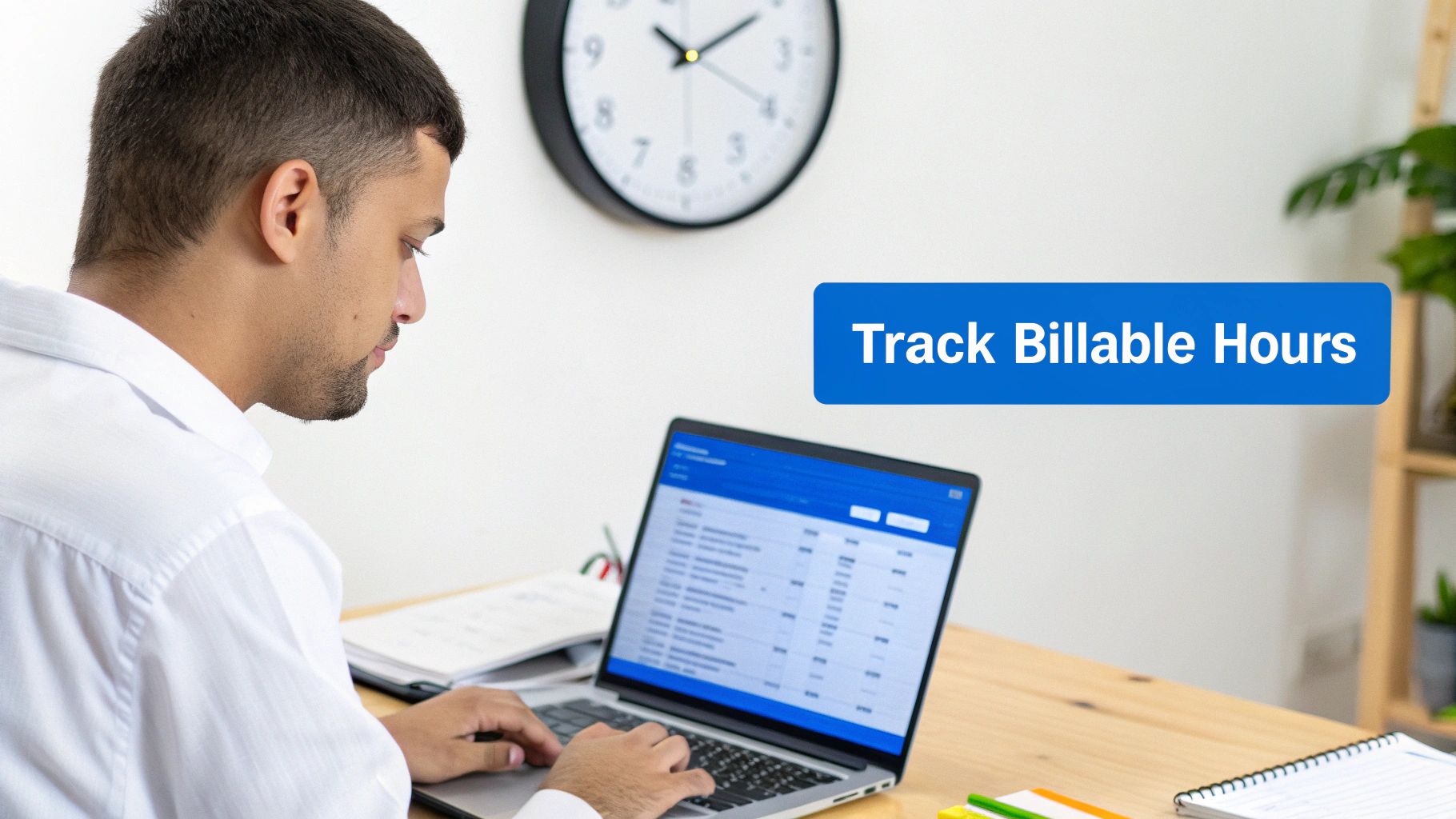 An overhead shot of a person working at a desk with a laptop, notebook, and coffee, symbolizing professional work and time tracking.