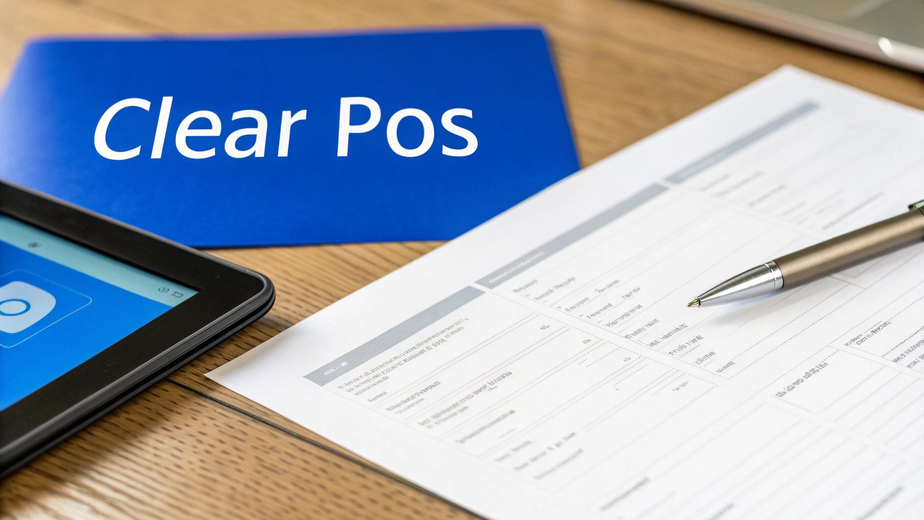 A desk with a blue folder labeled 'Clear Pos', a tablet, a document, and a pen.