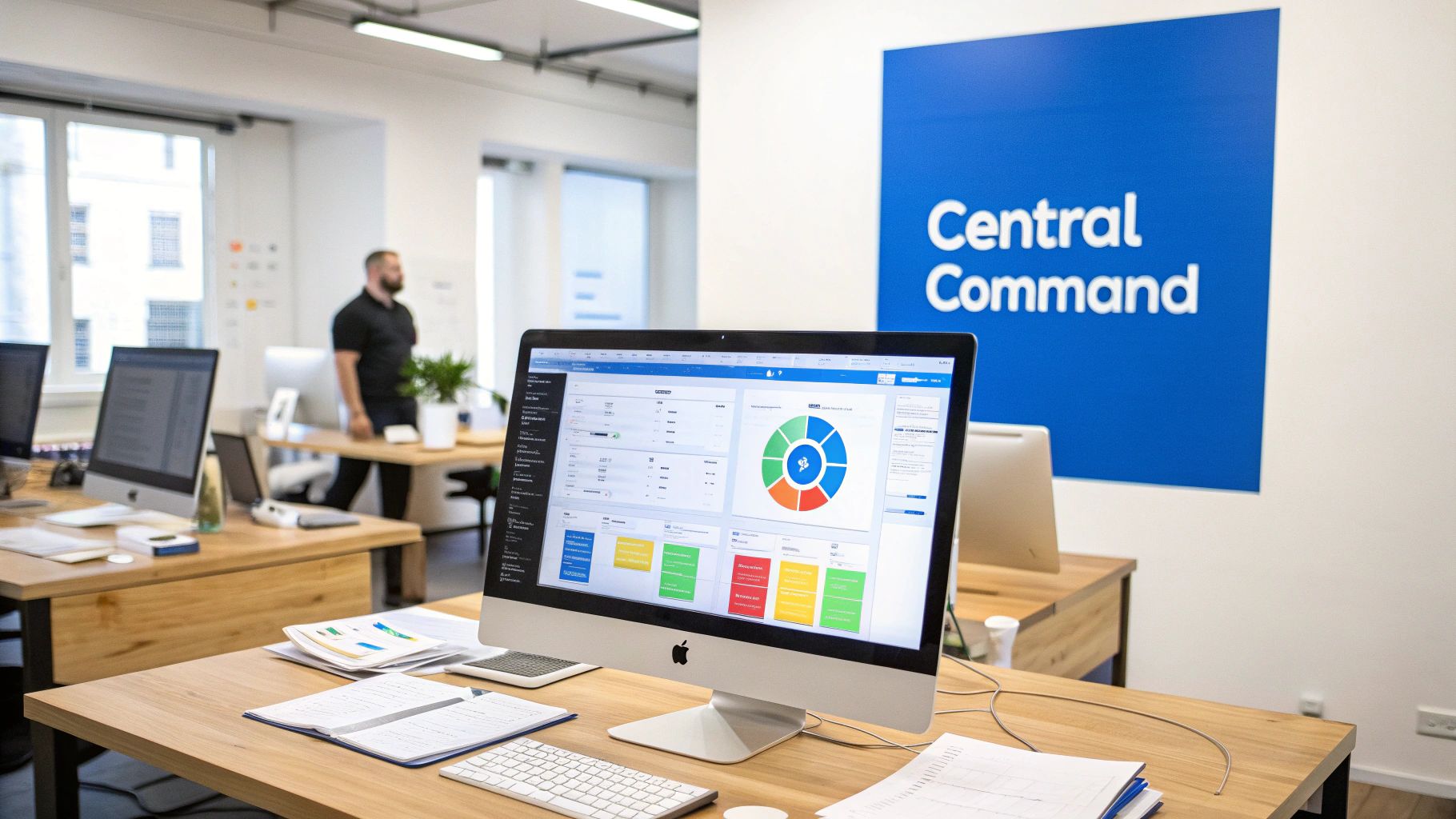 An open office featuring an Apple iMac displaying a data dashboard and a 'Central Command' sign.