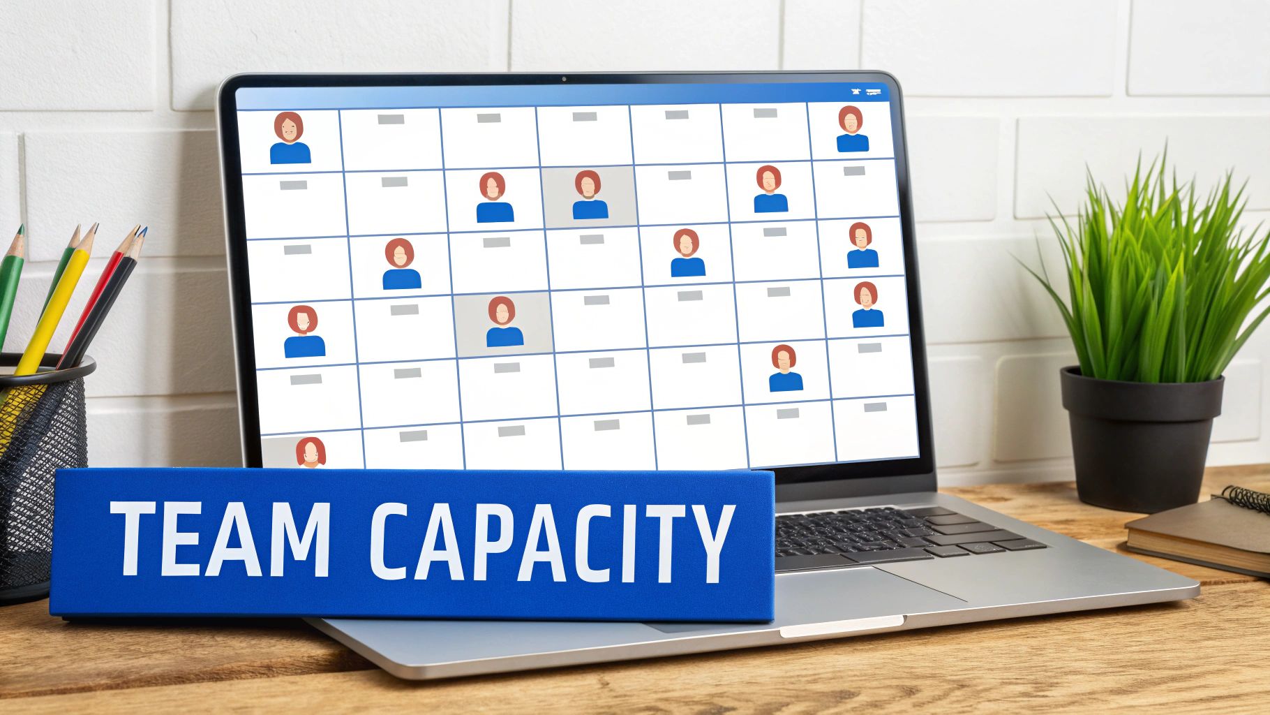 A laptop screen displays a grid of employee avatars, with a 'TEAM CAPACITY' binder in front.