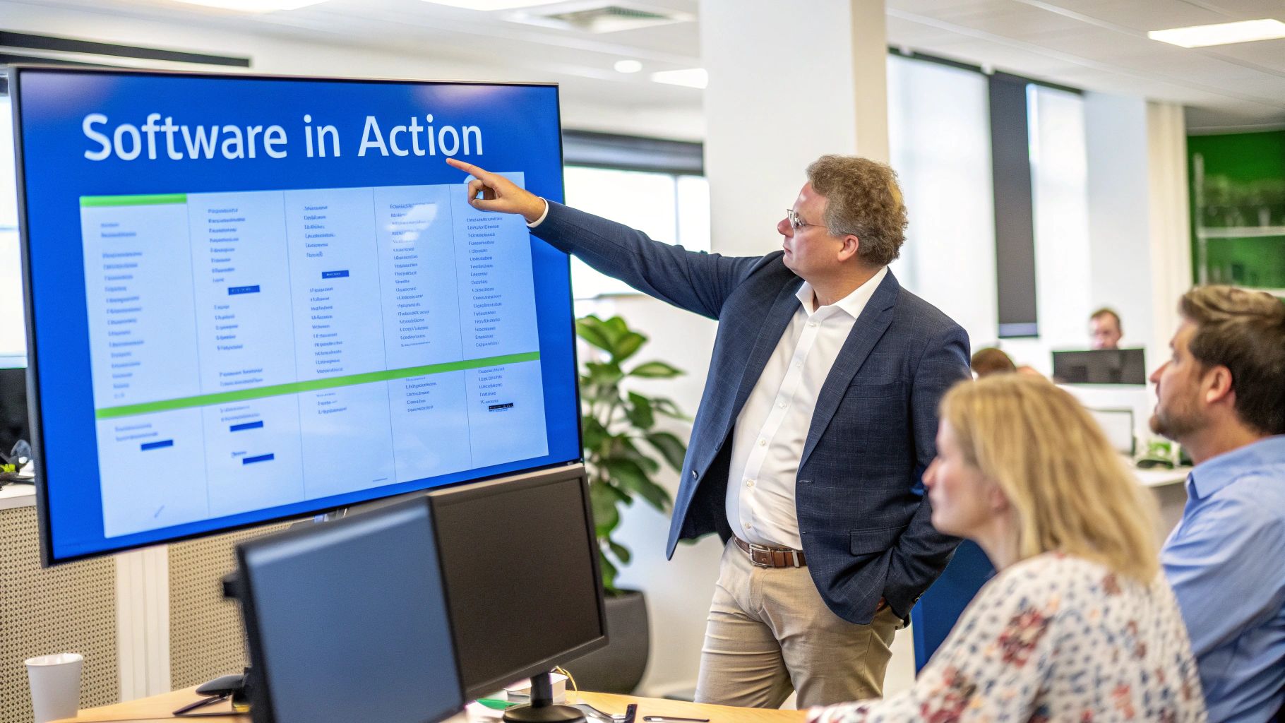 A diverse team of professionals collaborating around a large project blueprint in a bright, modern office.