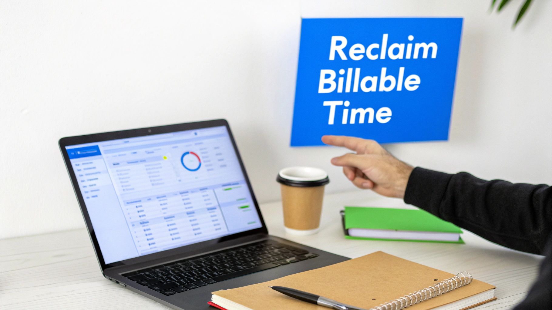 Person pointing at a 'Reclaim Billable Time' sign, with a laptop displaying a time tracking dashboard.