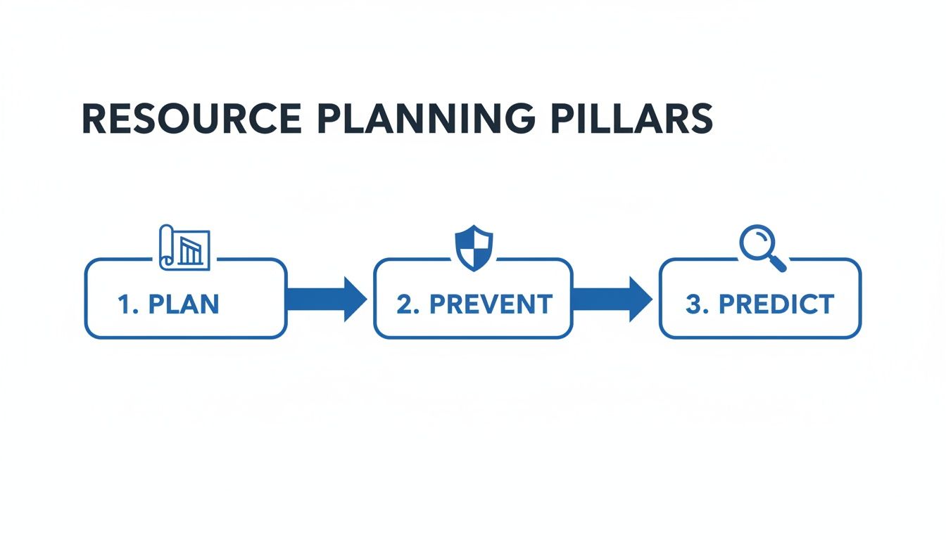 An infographic illustrating the three resource planning pillars: Plan, Prevent, and Predict with icons.