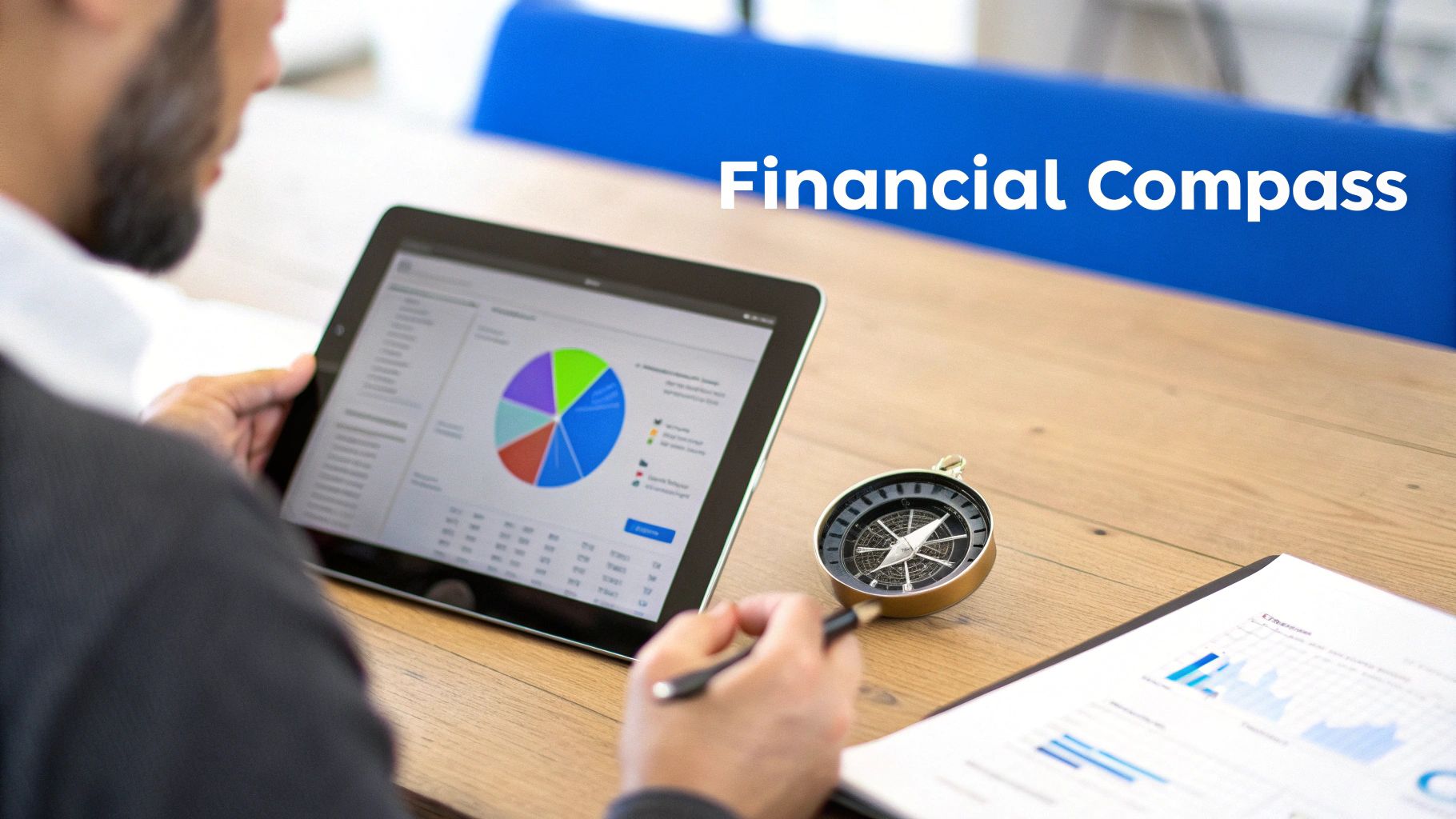 A person views financial data on a tablet, with a compass and business documents on a wooden desk.