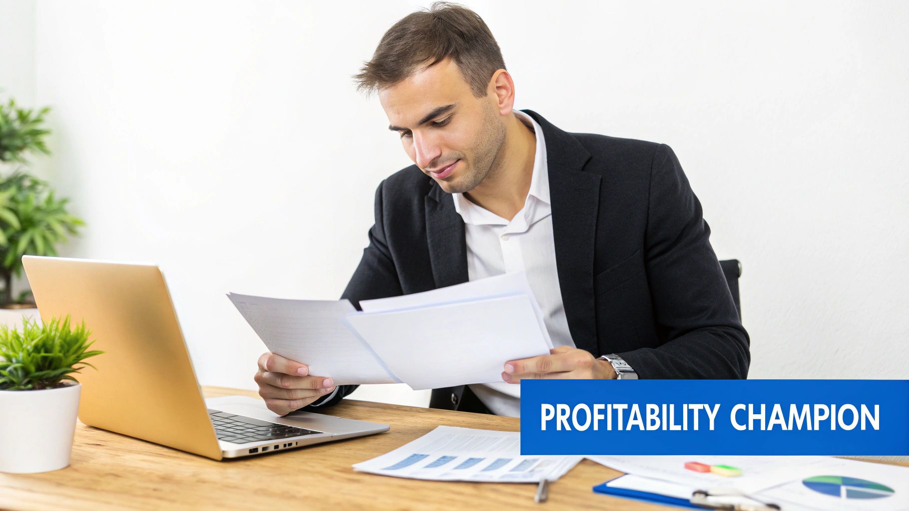 A project financial manager reviewing financial charts and collaborating with a team in a modern office.