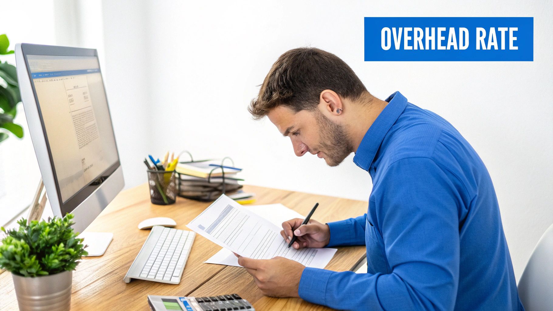 An office setting with a person working on a laptop, symbolizing business operations and overhead costs.