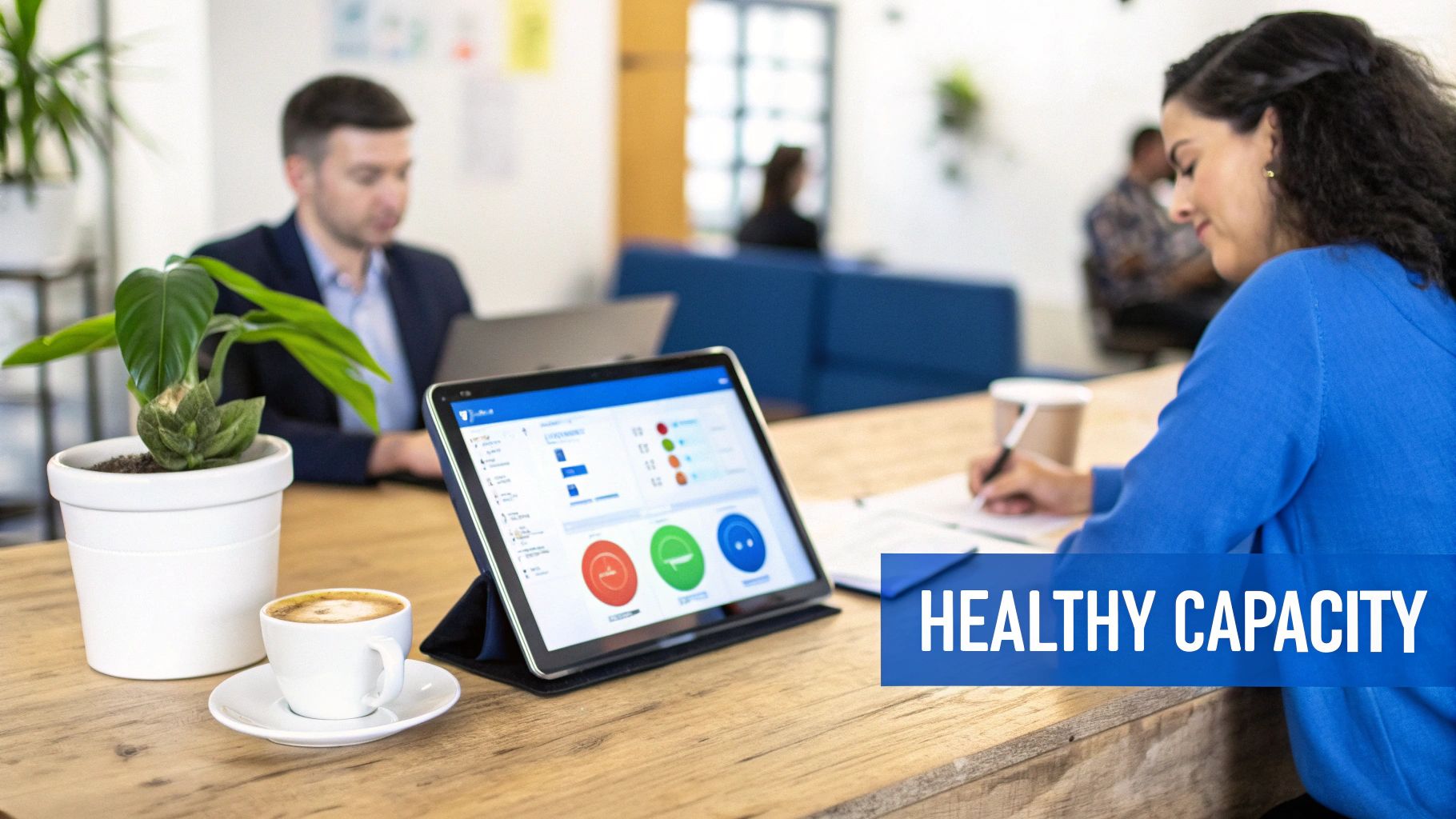 Professionals work in a modern office, one writing, another on a laptop, with a tablet displaying data and a plant.