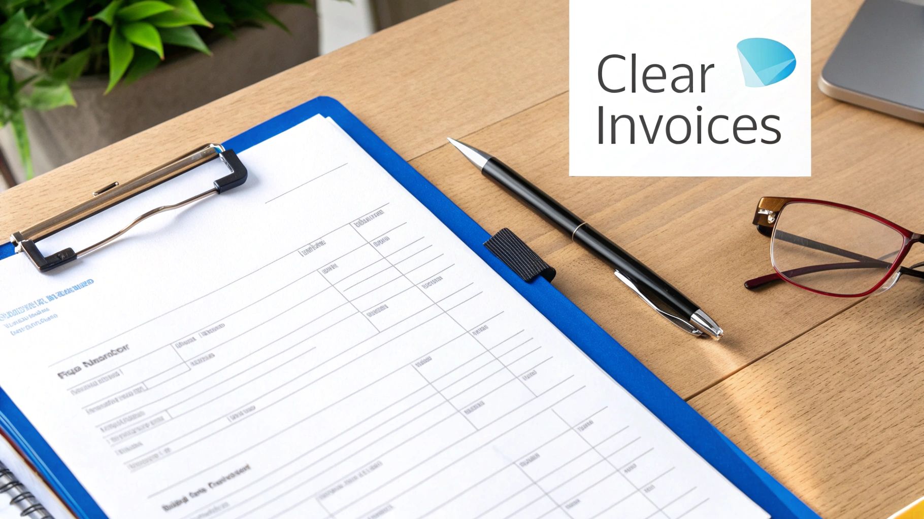 A wooden desk with a clipboard holding a financial form, a pen, eyeglasses, and a 'Clear Invoices' logo.