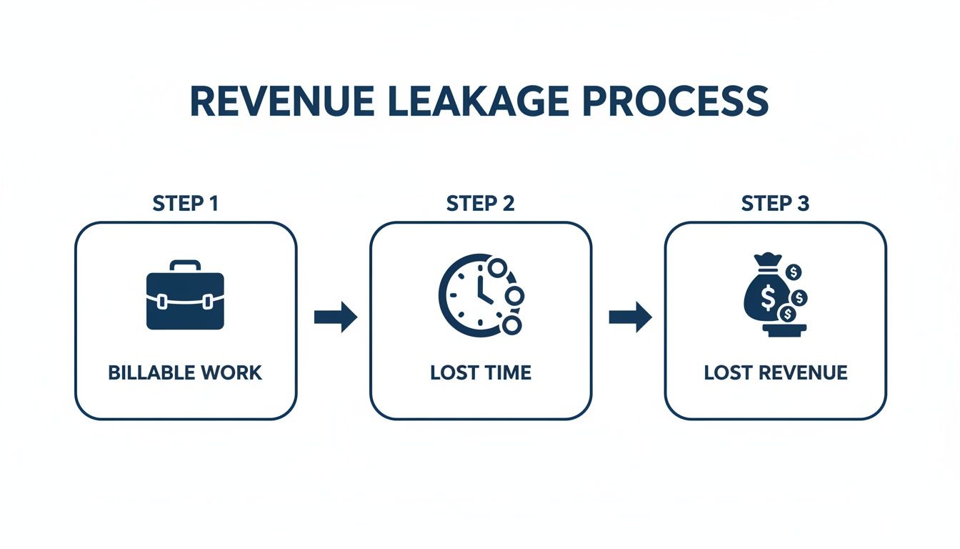 A three-step infographic illustrates the revenue leakage process: billable work leads to lost time, resulting in lost revenue.