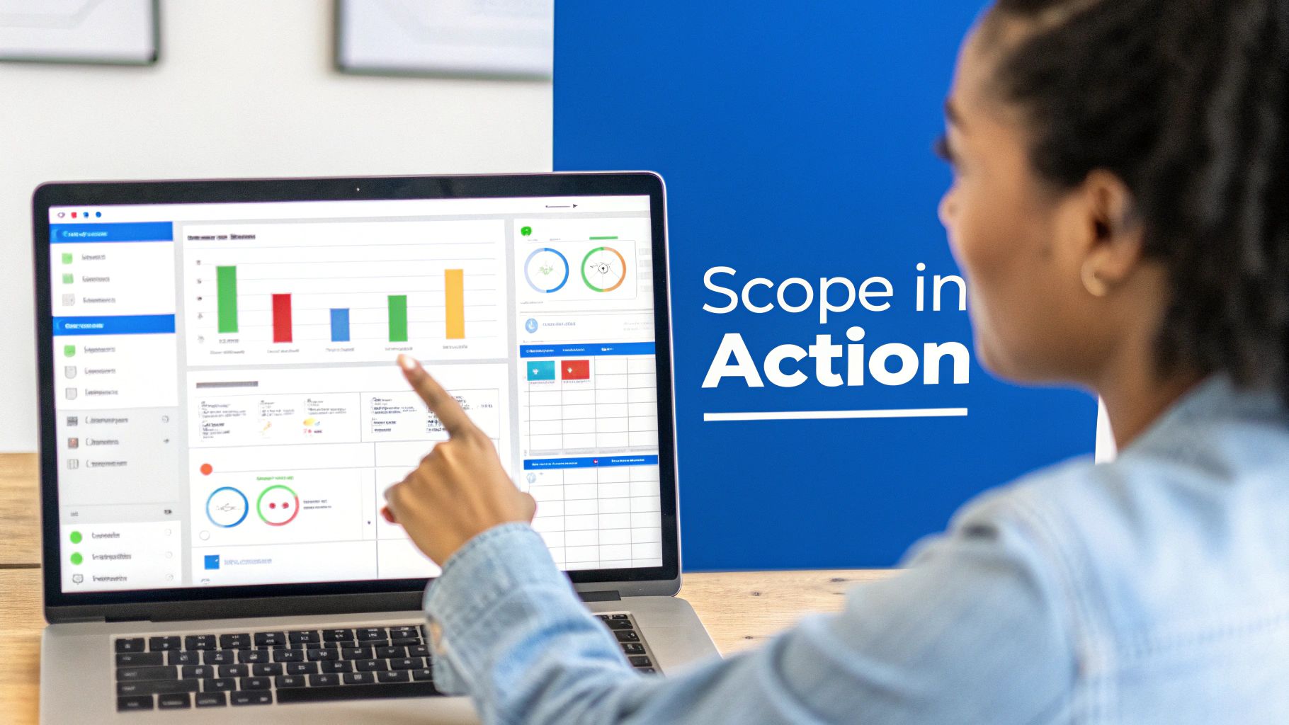 A person points at a laptop screen displaying project management dashboards and data analytics.