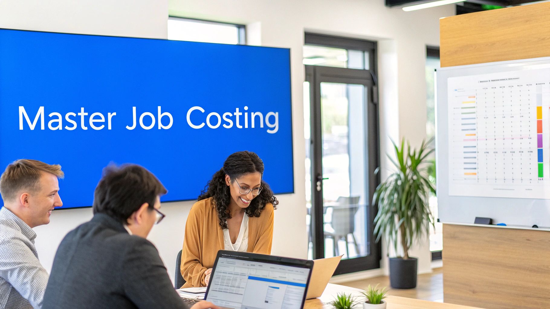 Three colleagues discuss 'Master Job Costing' during a business meeting in a modern office.