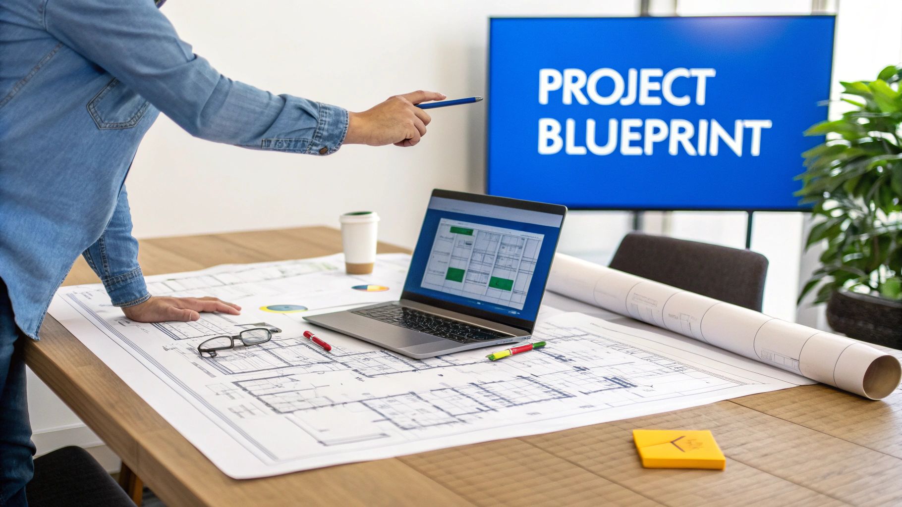 Person in denim points at a laptop on a table with blueprints, 'PROJECT BLUEPRINT' on background screen.