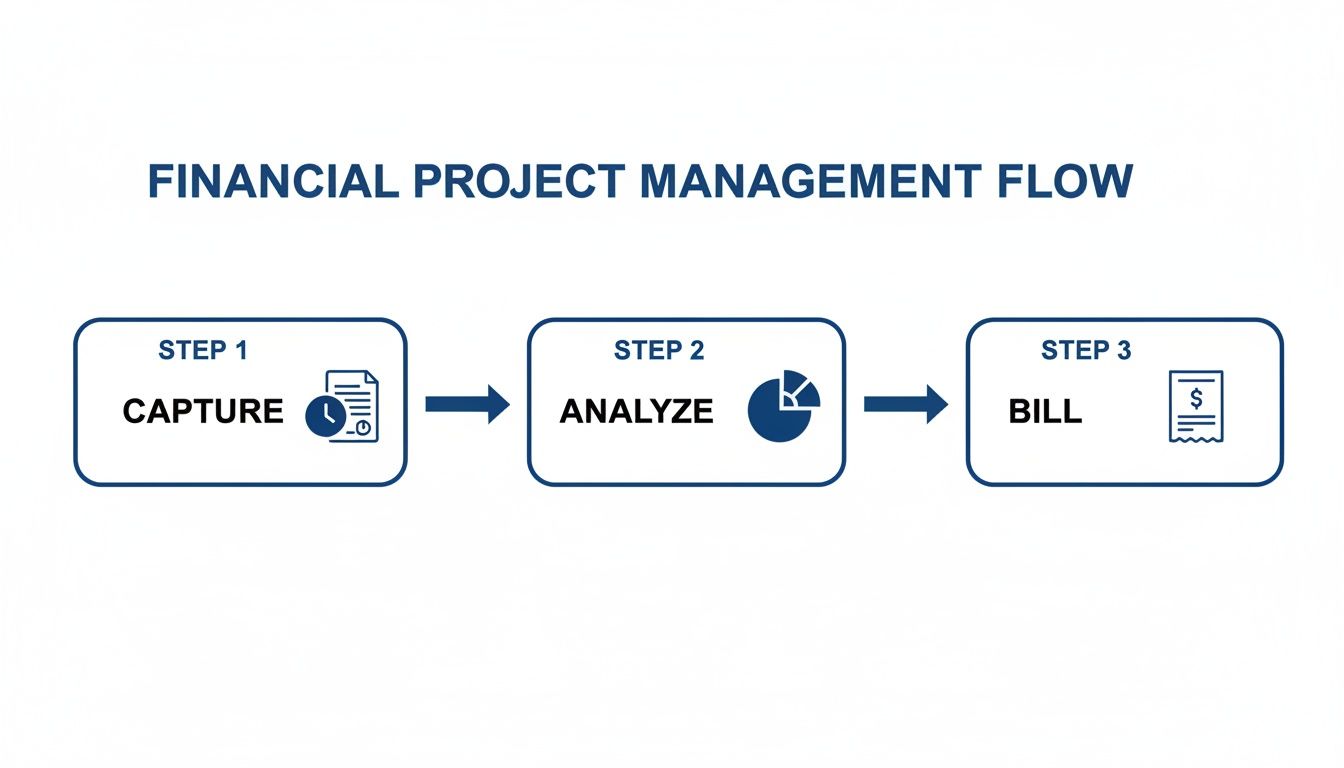 A diagram illustrating the three steps of financial project management: Capture, Analyze, and Bill.