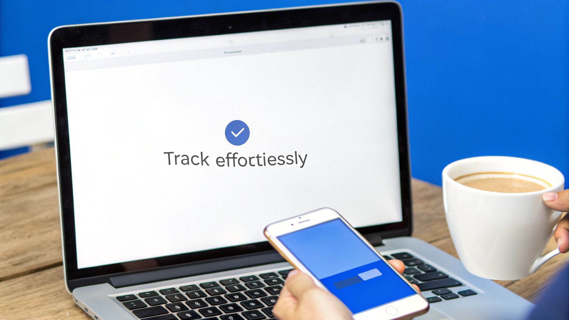 Person holding smartphone with laptop displaying time tracking software on wooden desk with coffee