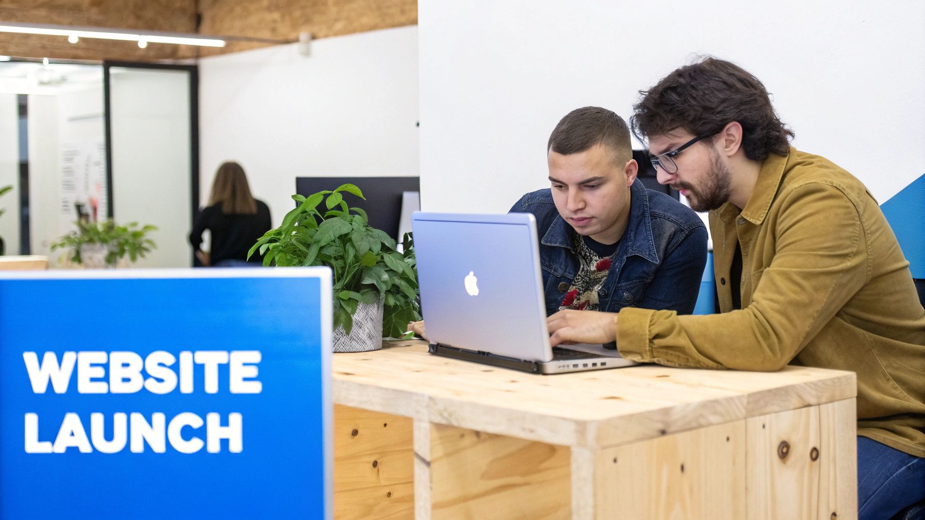 Two men collaborating on a laptop in a modern office, with a 'WEBSITE LAUNCH' sign in the foreground.