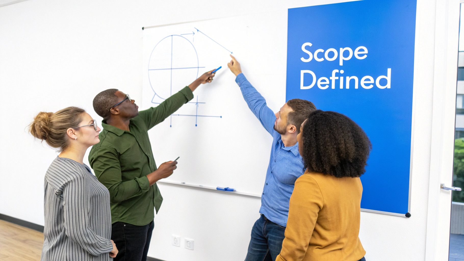 Four diverse colleagues collaborate and discuss project scope using a whiteboard in an office.