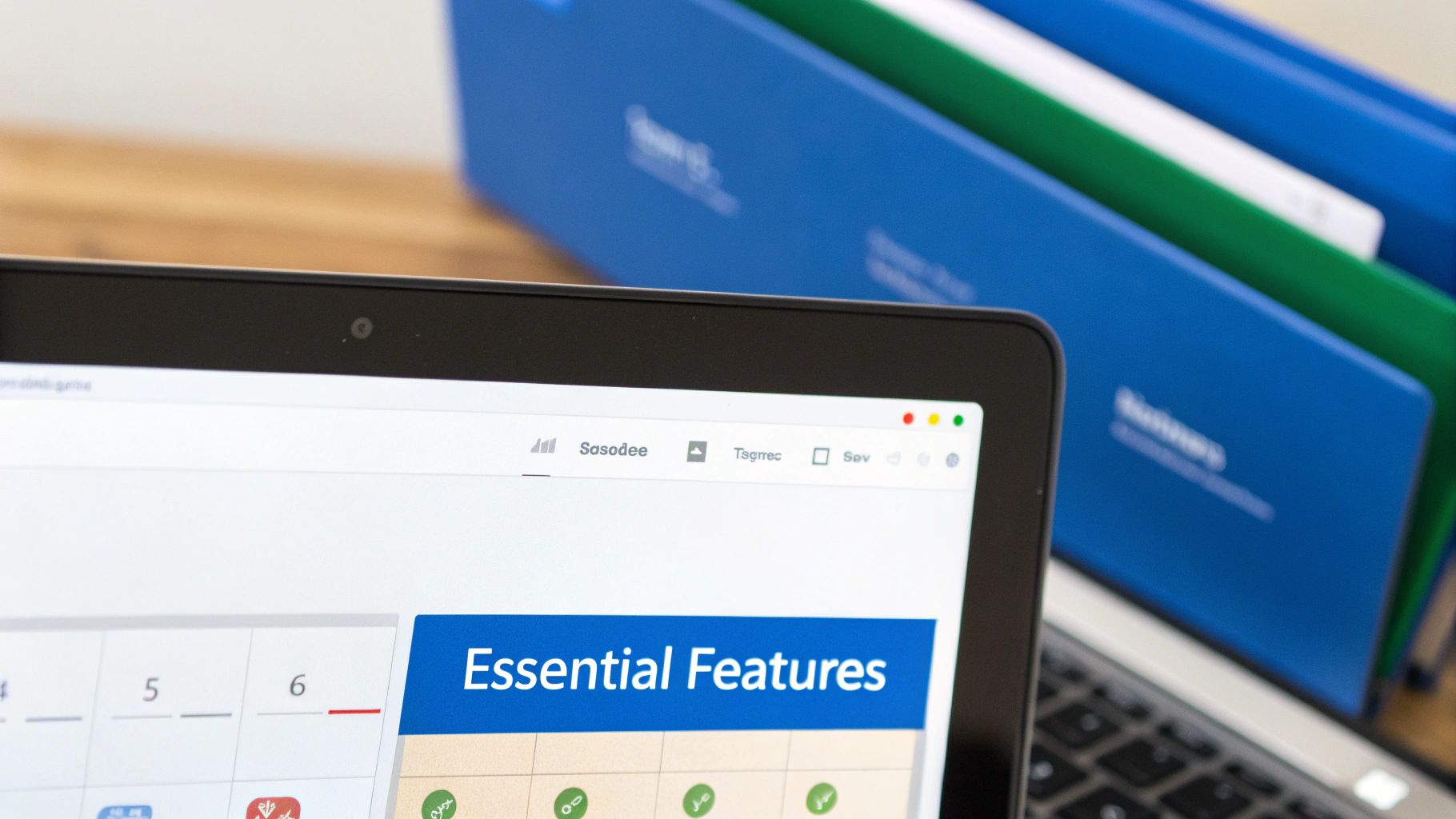 Laptop screen showing a calendar with 'Essential Features' and blue file folders in the background.