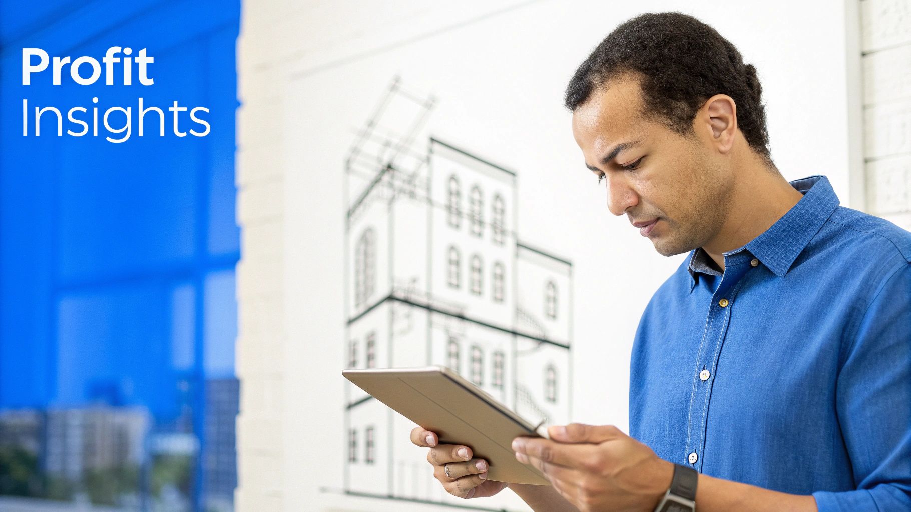 Architects reviewing financial data and blueprints on a tablet, indicating profitability.