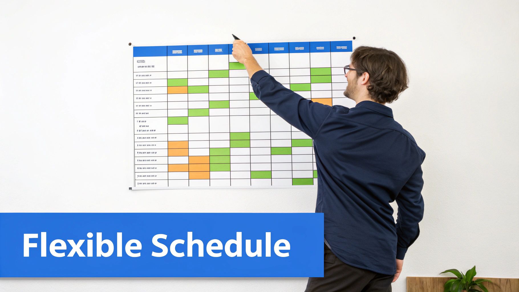 A man points to a grid schedule on a wall, depicting flexible resource planning with green and orange blocks.