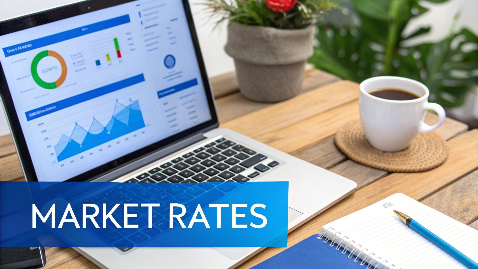 Laptop displaying market rate charts and graphs on a wooden table with coffee and notebook.