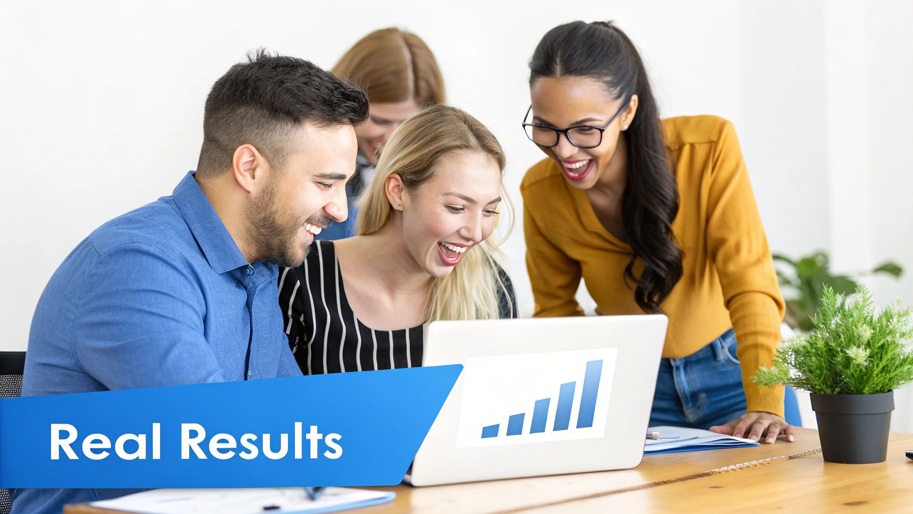 Diverse team celebrating project success with a bar chart on a laptop screen, showing real results.