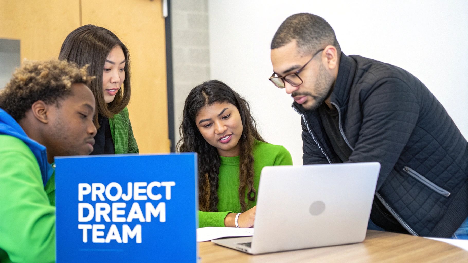 Four diverse students collaborate around a laptop and documents on a project.