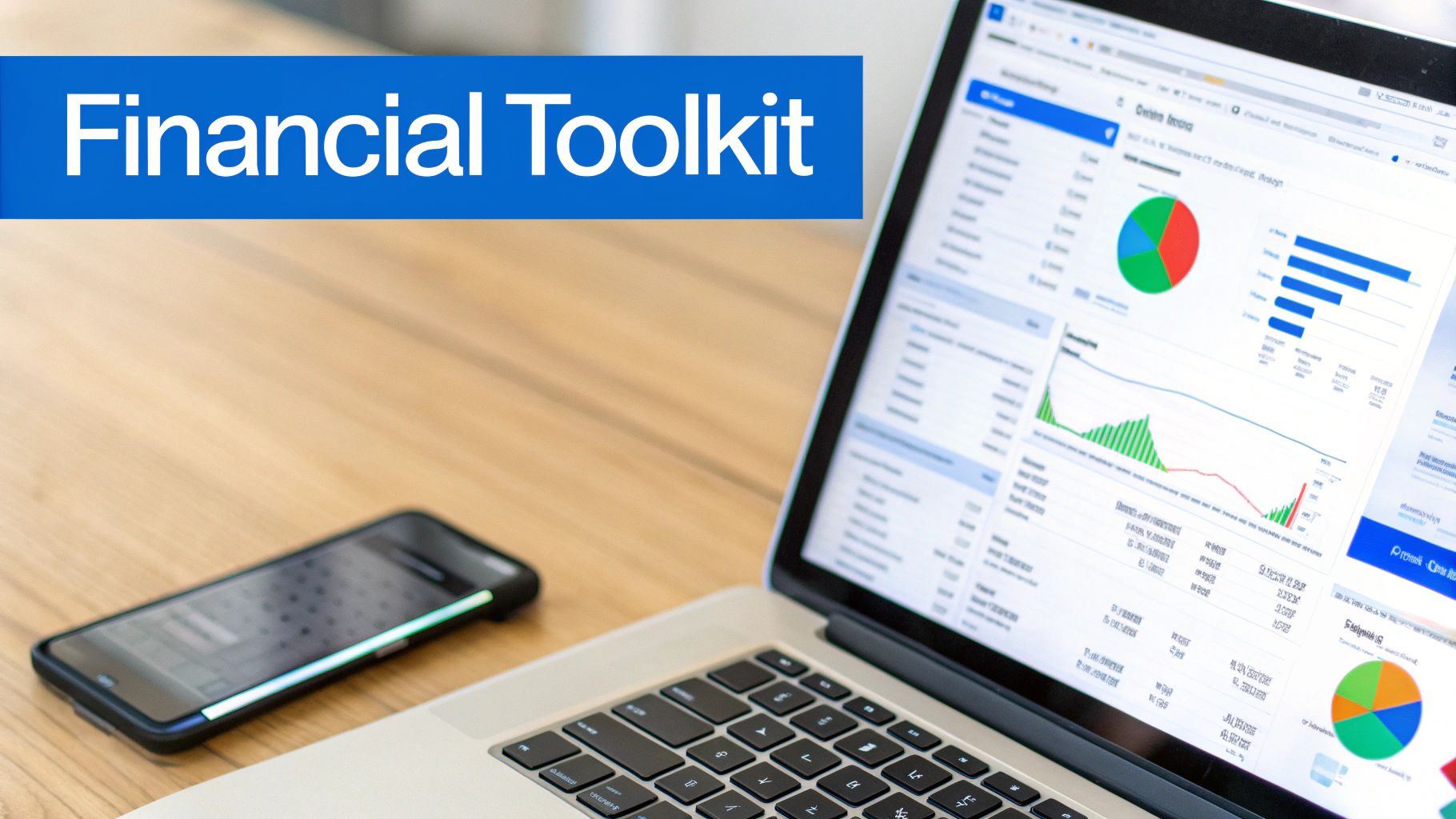 A laptop screen displaying financial charts and graphs with a smartphone on a wooden desk and a blue banner that reads "Financial Toolkit".