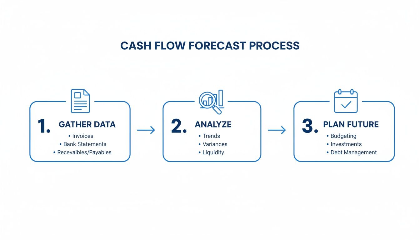 A flowchart detailing the three steps of the cash flow forecast process: gather data, analyze, and plan future.