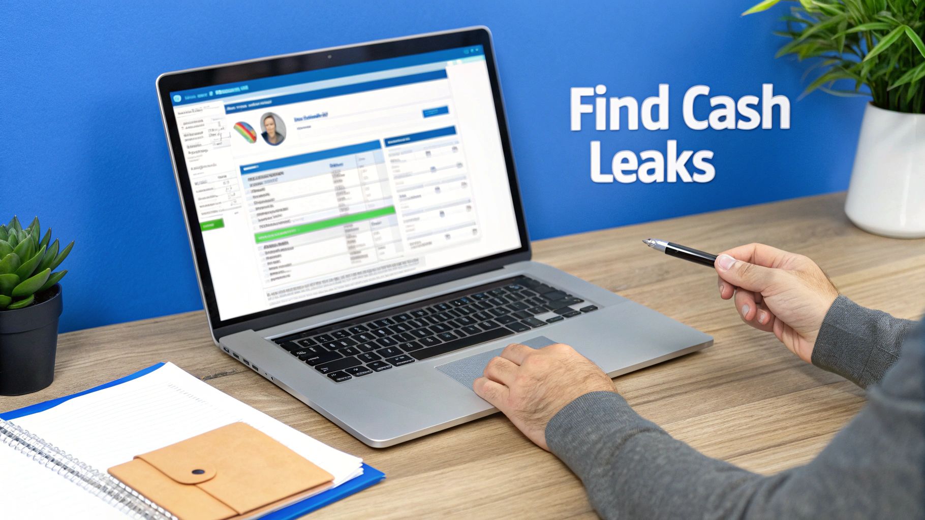 Person analyzing financial data on a laptop screen to find cash leaks, holding a pen.