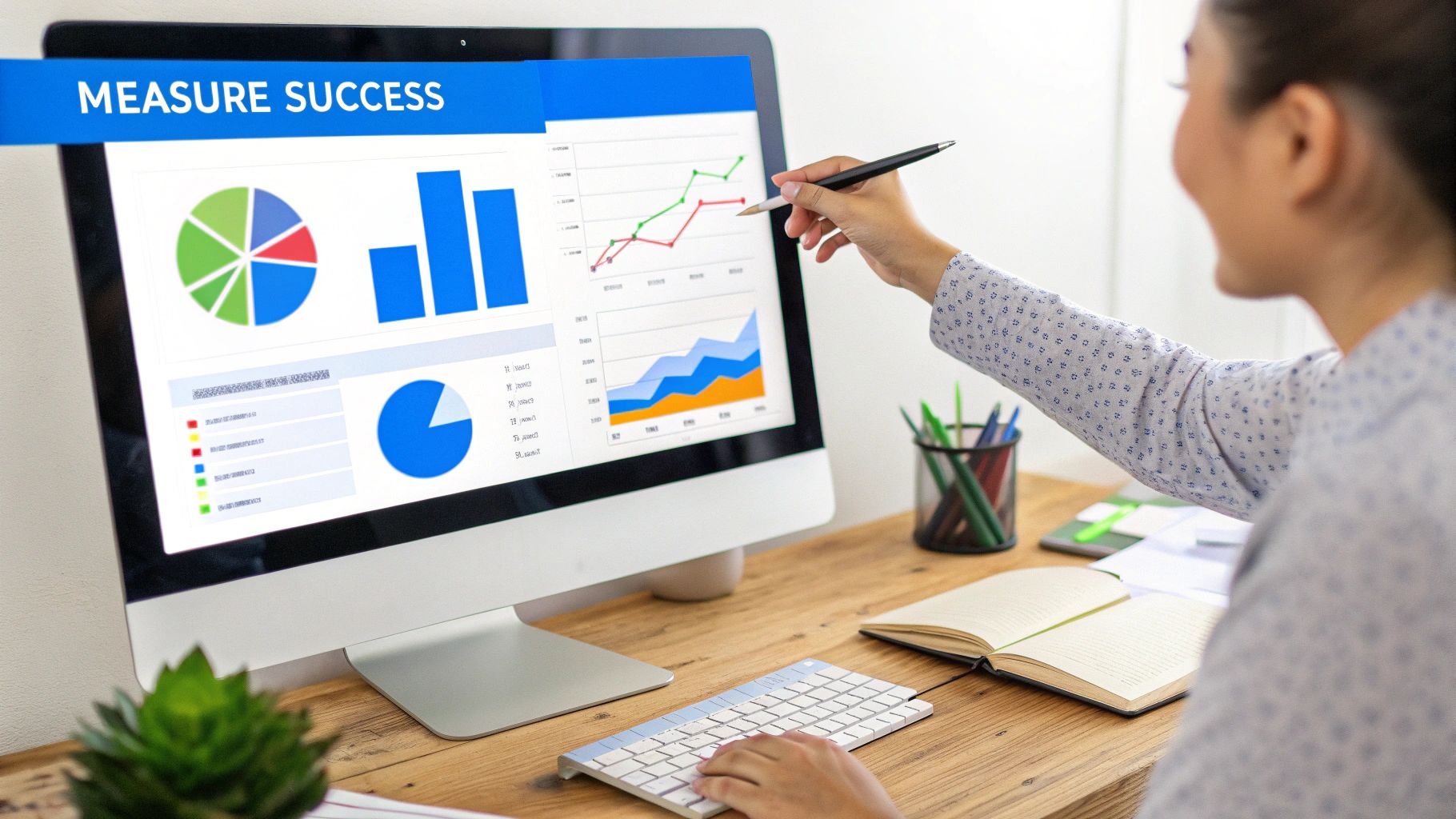 A woman pointing at a computer screen displaying business analytics and 'MEASURE SUCCESS' charts.