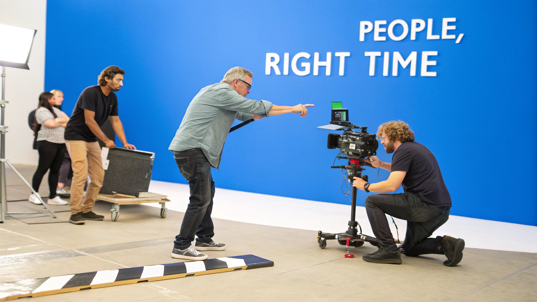 A team of people working on a film set with a camera and a blue background.