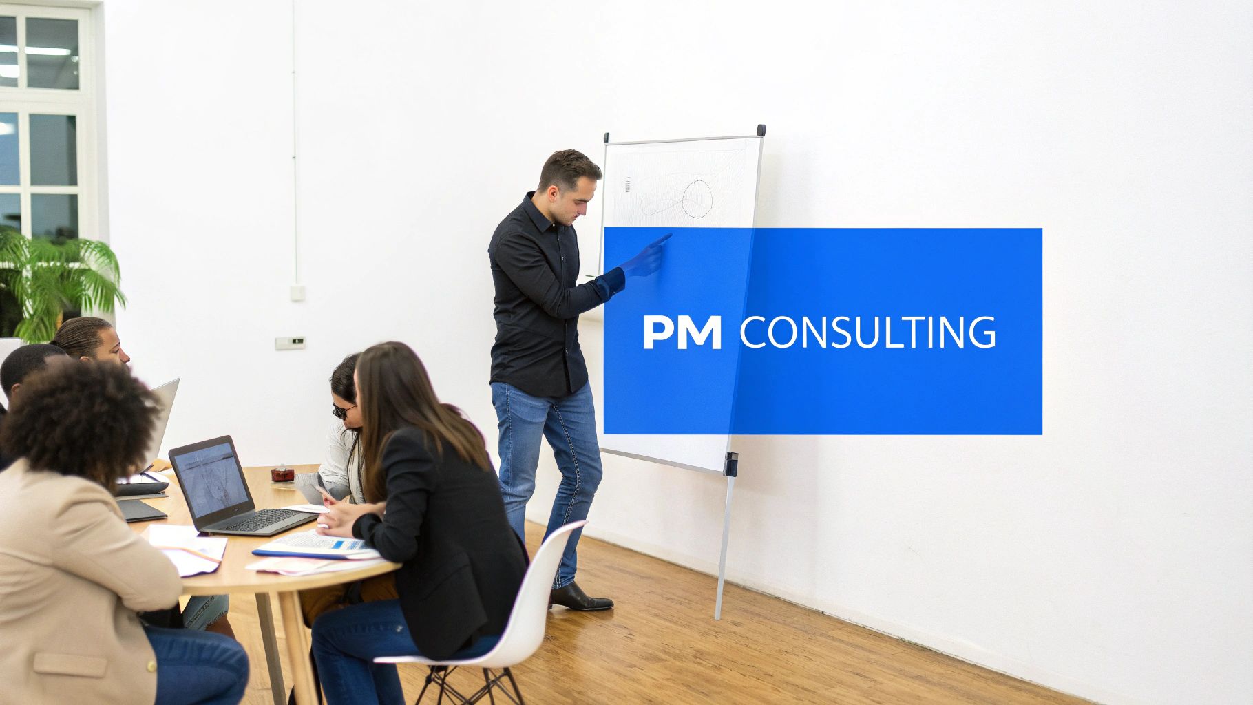 Business consultant presenting project management strategies to team during professional office meeting