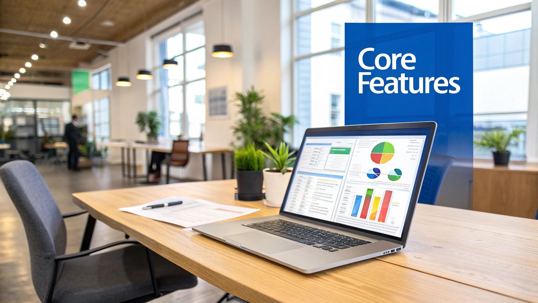 A group of professionals collaborating in a modern office with digital interfaces.