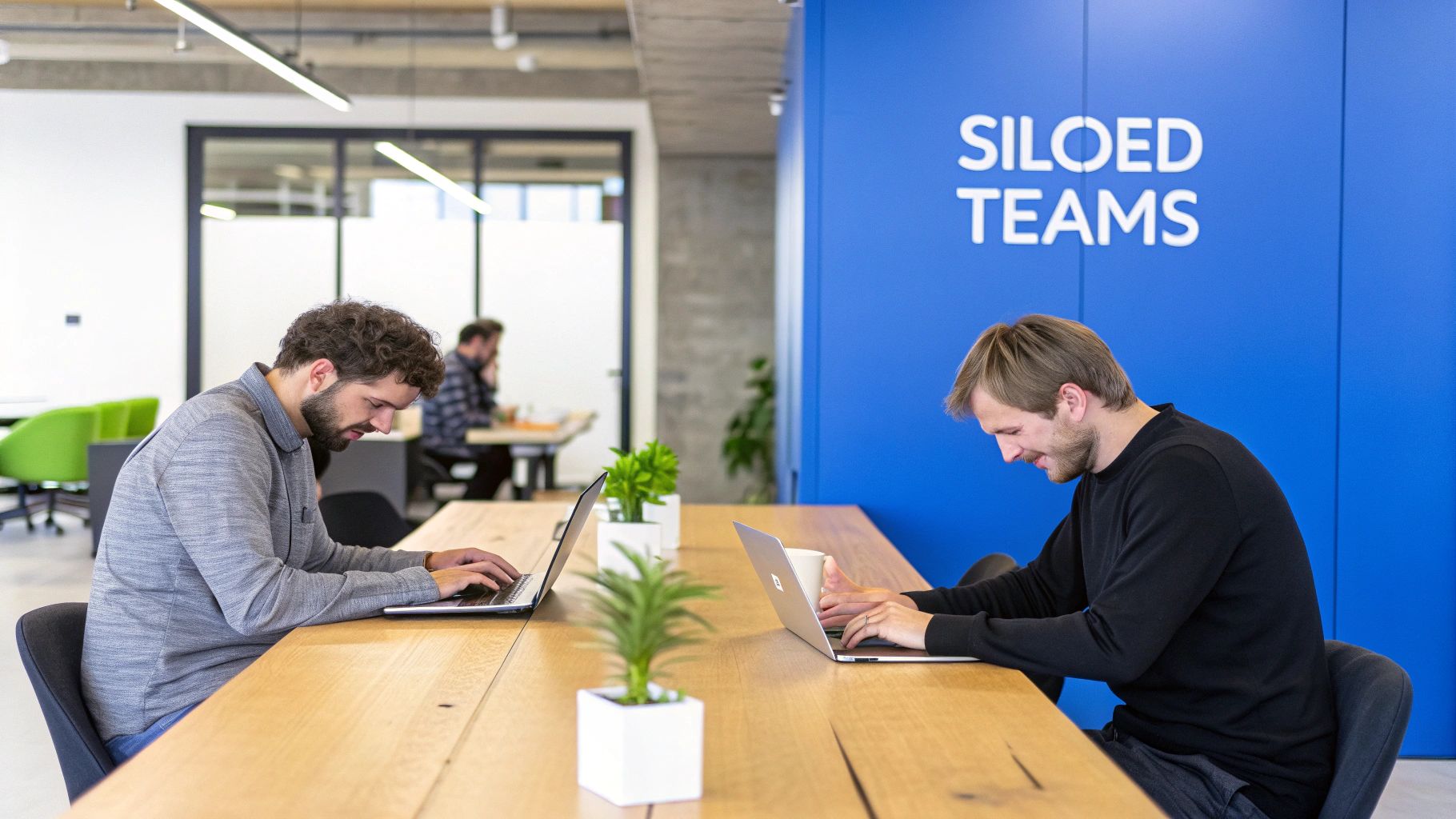 Two men work on laptops at a wooden table in a modern office with 'SILOED TEAMS' on a blue wall.