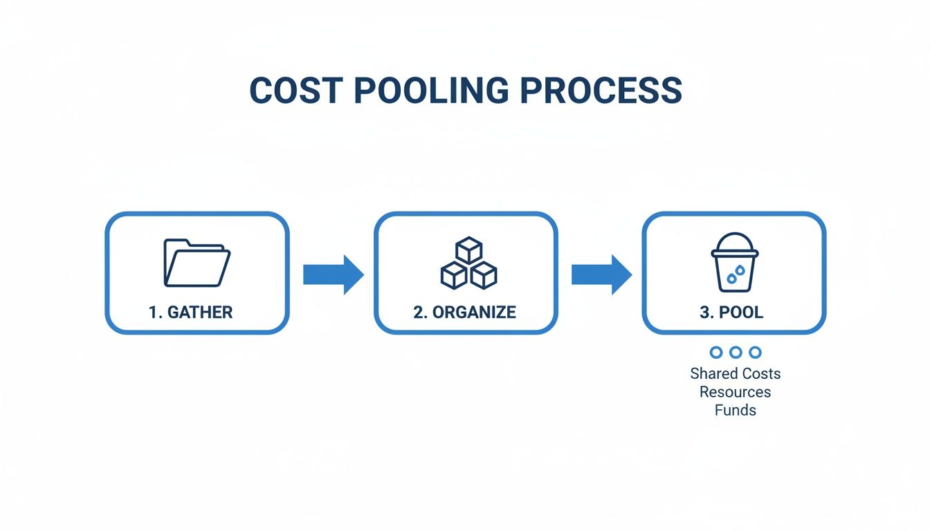 Diagram illustrating the cost pooling process with three steps: gather, organize, and pool shared resources.