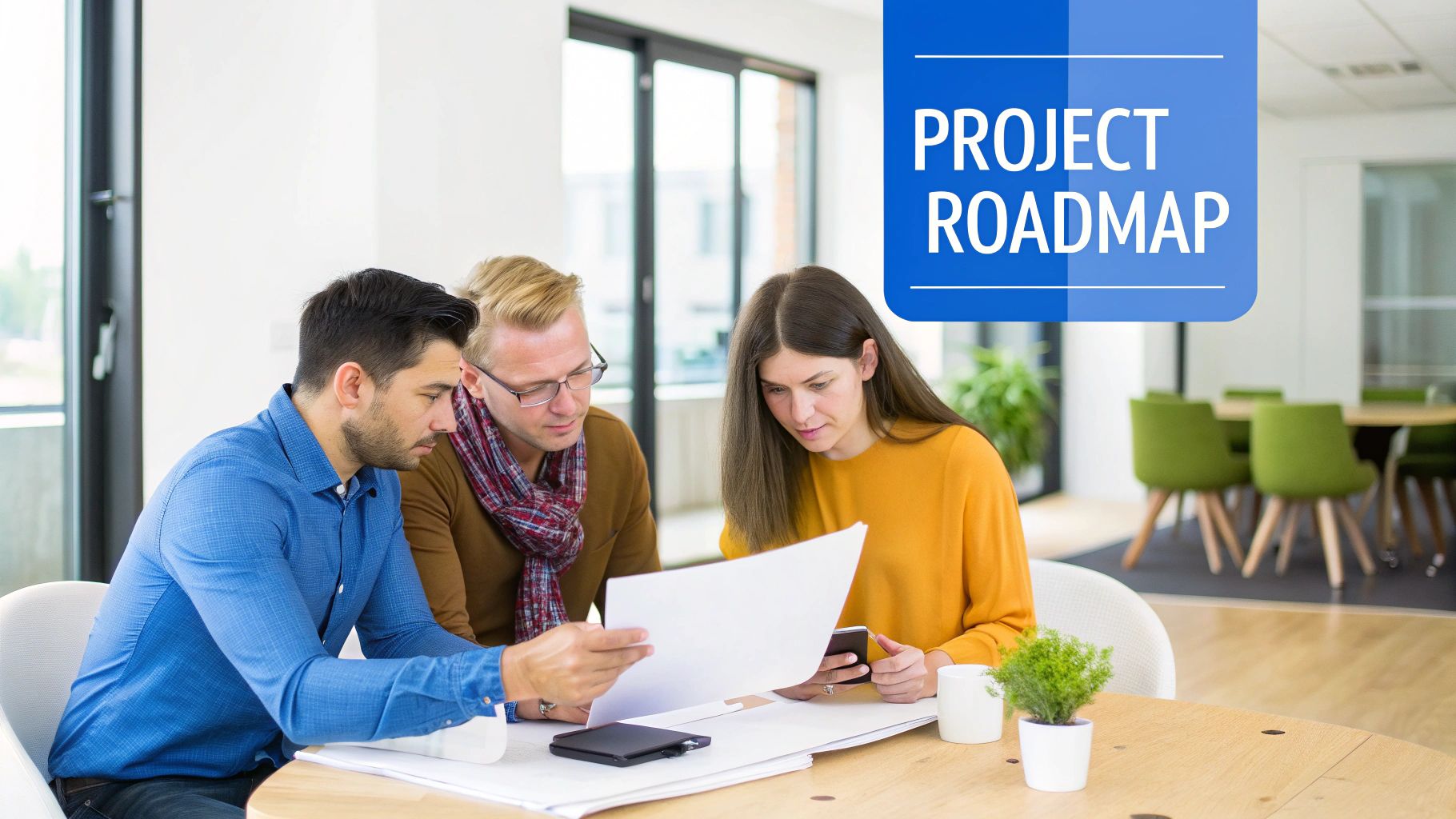 Three colleagues review project roadmap documents and discuss ideas in a modern office.