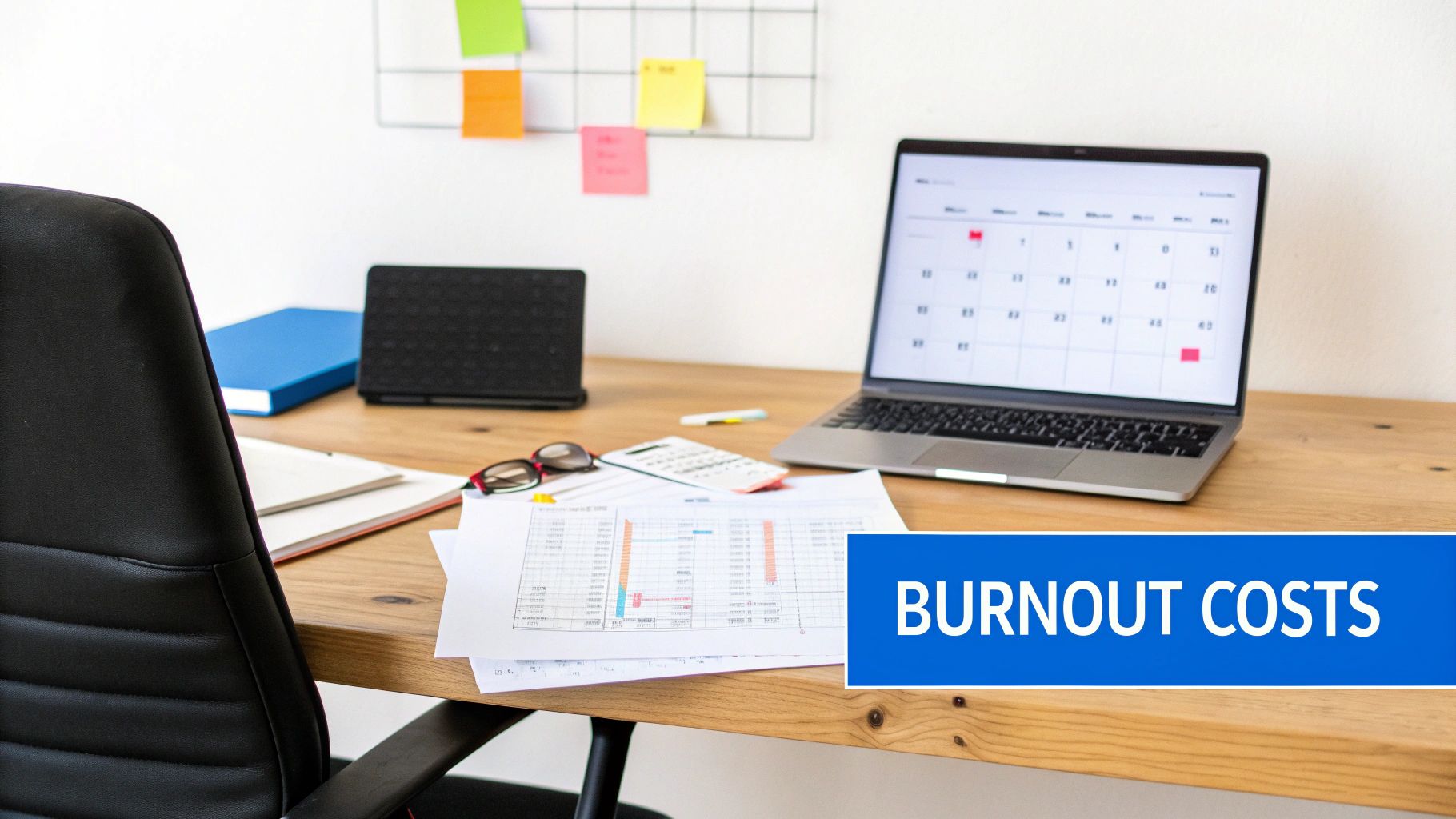 Office desk with a laptop displaying a calendar, documents, glasses, and an office chair, illustrating burnout costs.