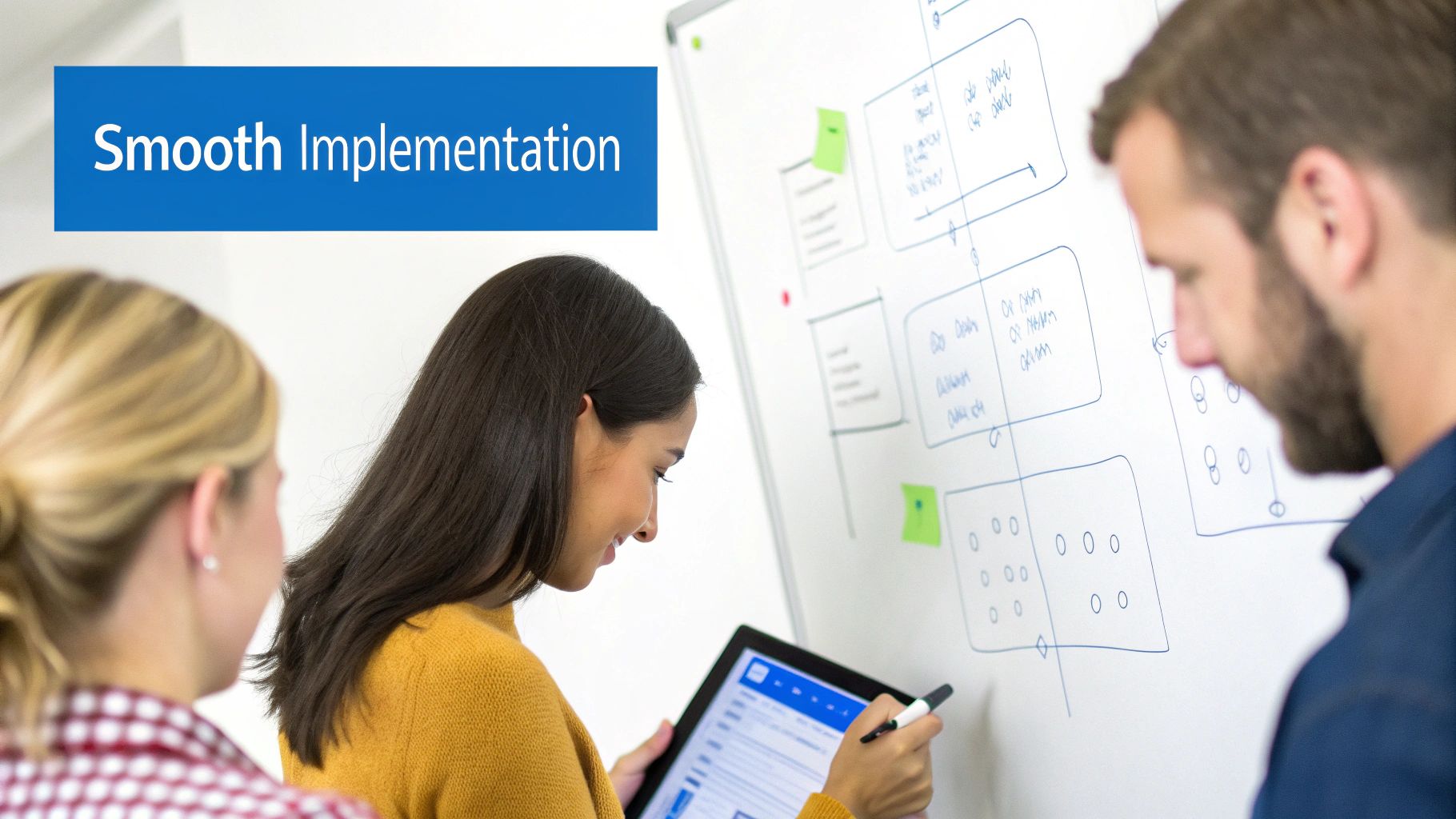 Three professionals collaboratively planning, with one woman using a tablet and marker next to a whiteboard full of diagrams.