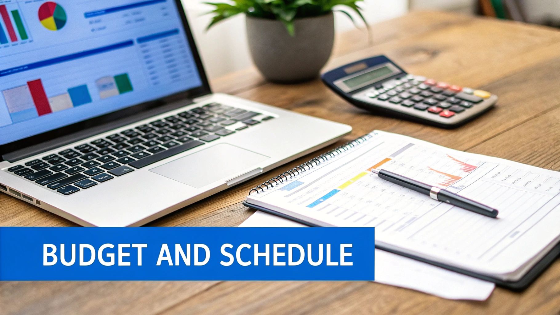 An office desk with a laptop displaying financial charts, a notebook with a pen, and a calculator, emphasizing budget and schedule.