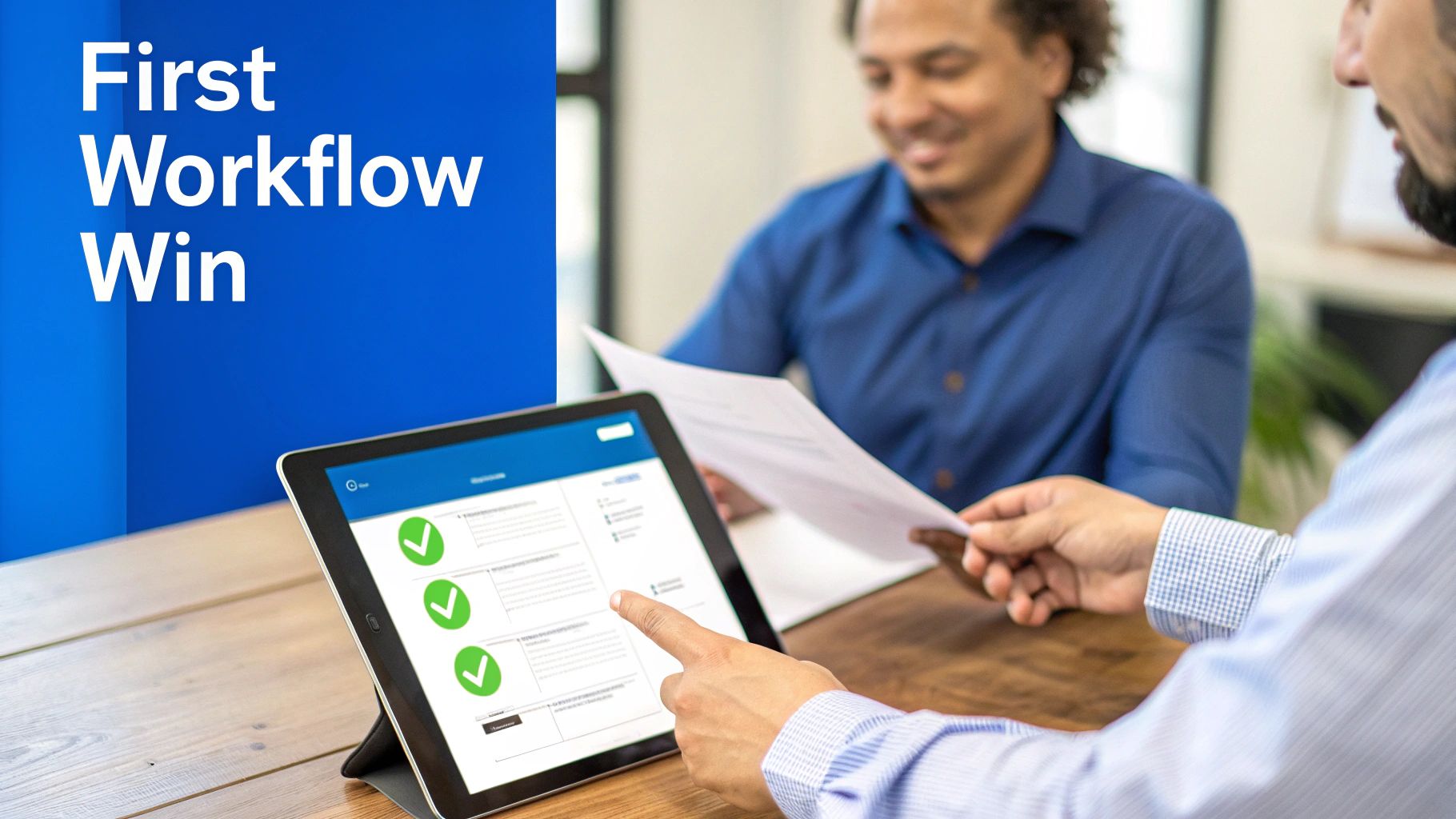 A team collaborating around a table, planning out a workflow on a tablet.