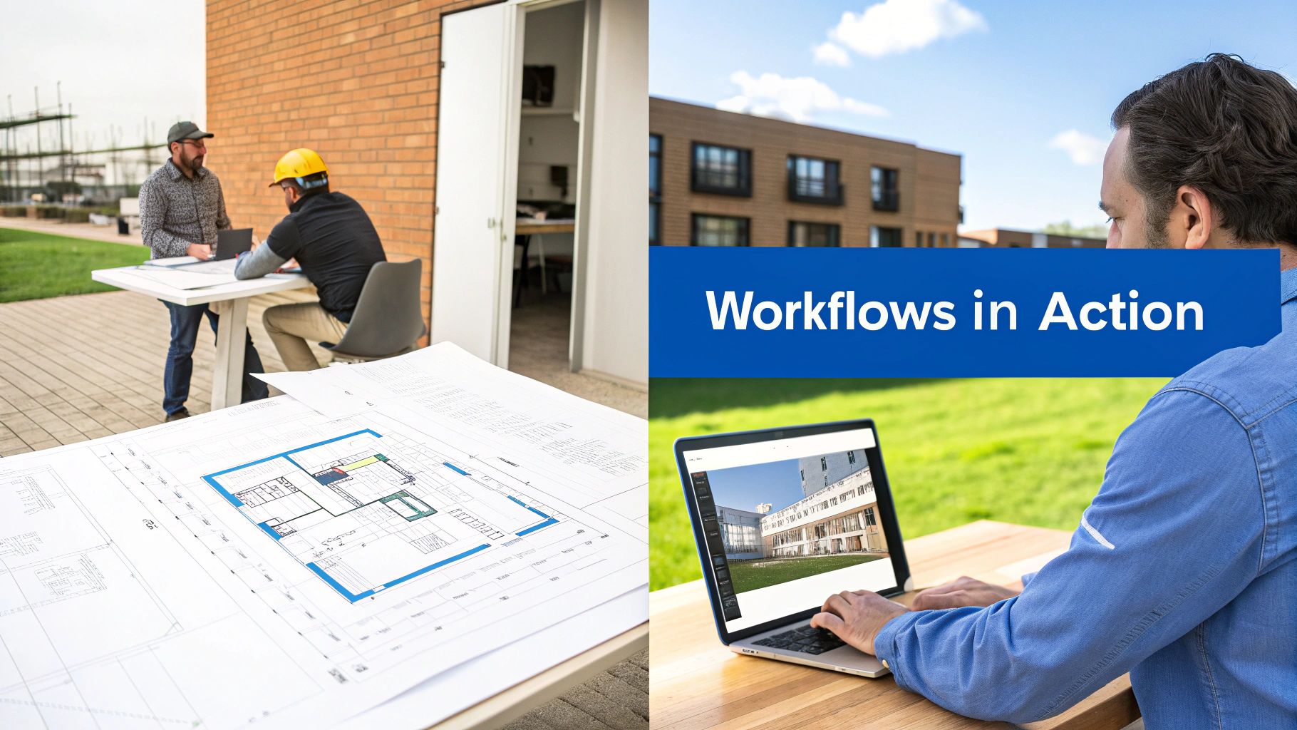 Construction professionals review blueprints and work on laptops outdoors, showcasing workflows in action.