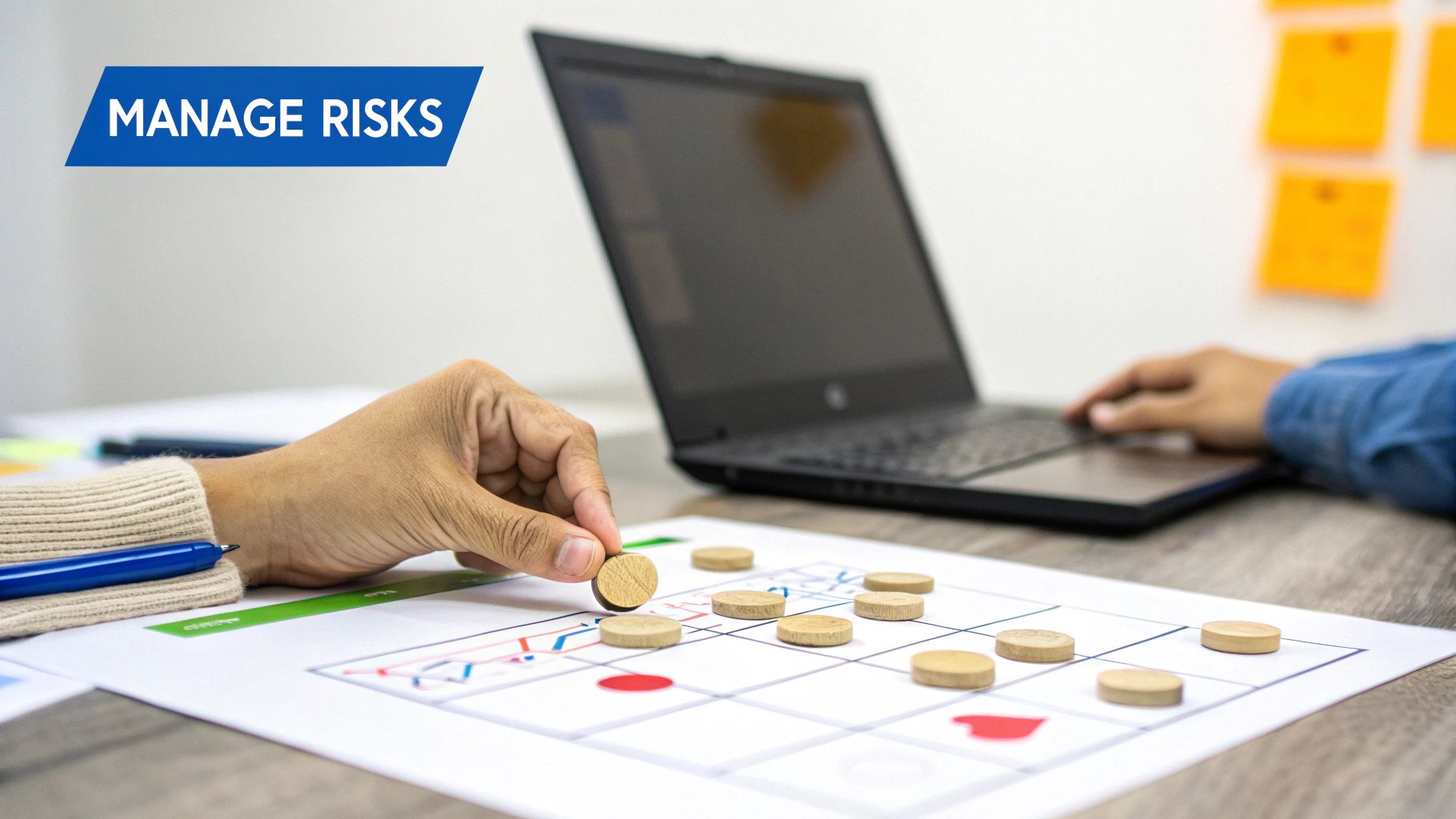 A person's hand places a wooden token on a risk assessment board, with a laptop nearby.