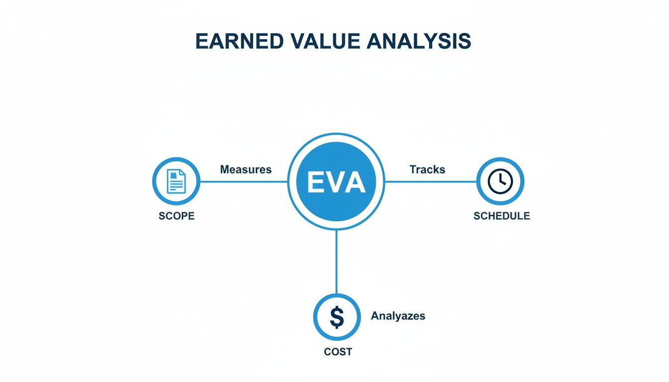 Diagram illustrating Earned Value Analysis (EVA) as a central concept connected to scope, schedule, and cost.